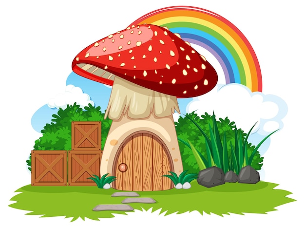 Fantasiepilzhaus mit Regenbogen im Himmel