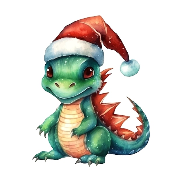 Fantasievoller süßer drache mit weihnachtsmütze, tolles design, aquarell, weißer hintergrund, neujahr 2024, vektorkunstillustration, cartoon-drache