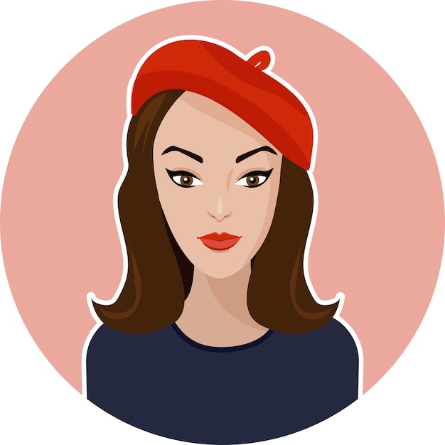 Fantastischer avatar einer brünetten frau in roter baskenmütze. mädchenporträt im minimalistischen flachen stil.