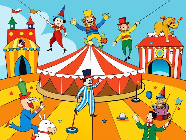 Fantastischer Zirkus mit Akrobaten, Clowns und Tieren, die Tricks durchführen Illustration