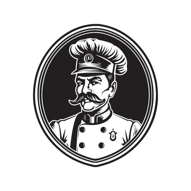 Fantastisches Koch-Vintage-Logo-Line-Art-Konzept in schwarz-weißer, handgezeichneter Illustration