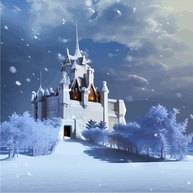 Vektor fantasy-hintergrund mit geheimnisvoller mittelalterlicher burg in schneebedeckten hügeln, vektorgrafik