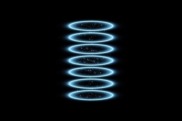Fantasy-portal. futuristischer teleport. lichteffekt. blaue kerzenstrahlen einer nachtszene mit funken auf einem schwarzen hintergrund. leere lichteffekt des podiums. disco club tanzfläche.