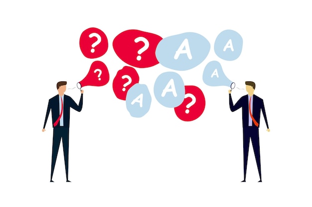 FAQ Häufig gestellte Fragen Intelligenter Geschäftsmann und Geschäftsfrau blasen fliegende Blasen mit Q- und A-Fragezeichenzeichen