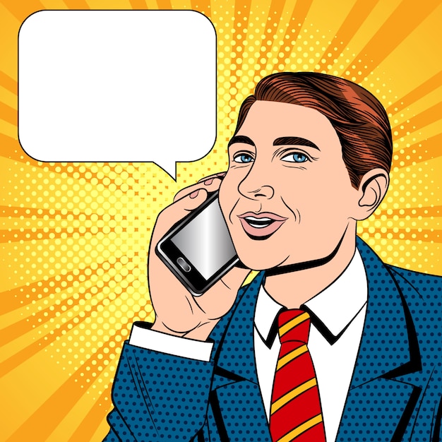 Farb-pop-art-comic-stilillustration eines jungen mannes, der auf einem handy spricht. geschäftsmann mit telefon in der hand. der verkäufer spricht auf dem handy. ein büroangestellter telefoniert