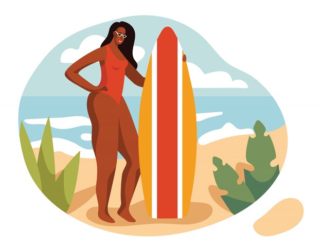 Farbabbildung in einem flachen Stil. Schönes Mädchen in einem Badeanzug am Strand. Ein Mädchen mit einem Surfbrett steht im Sand. Schlanke gebräunte Frau im Urlaub. Urlaubslandschaft
