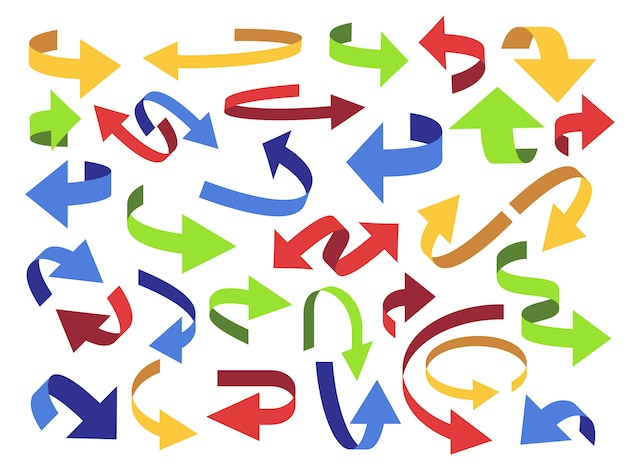 Farbbandpfeil. Flip Pfeile, bunter Zeiger und offenes Symbol. Gebogener Bandpfeilsymbolsatz eingestellt