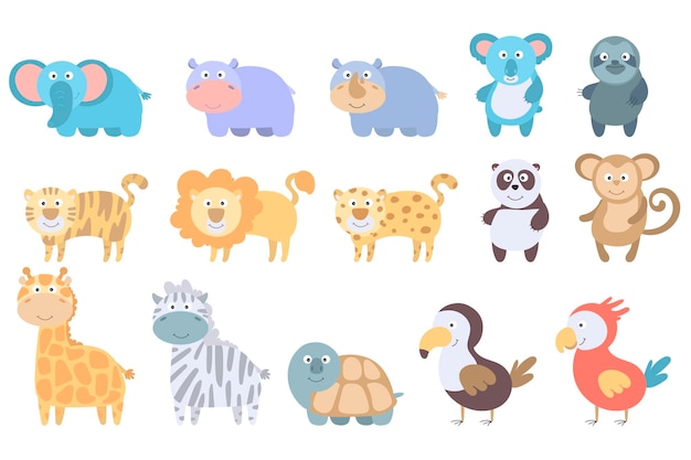 Farbe niedlich set wilde safari afrikanische dschungeltiere löwe giraffe elefant schildkröte zebra papagei nilpferd affe faultier nashorn panda tiger panda tukan tropische sammlung doodle cartoon