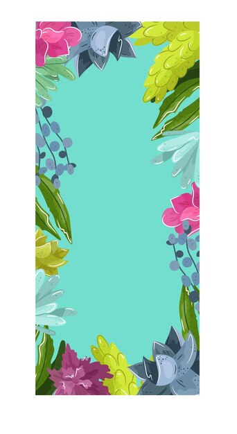 Farbenfrohe blumenbordüre mit blau-gelben und rosa blumen im botanischen rahmendesign für den frühling oder sommer