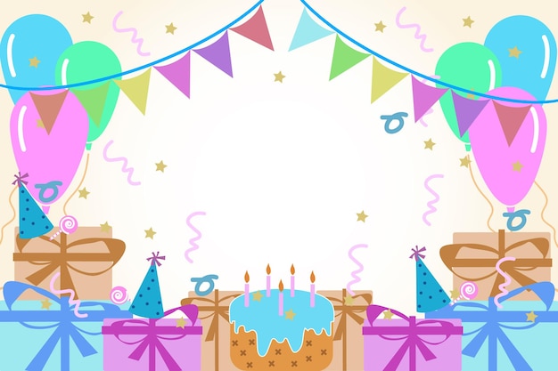 Farbenfrohe Geburtstagsfeier mit Kuchenballons und Geschenken