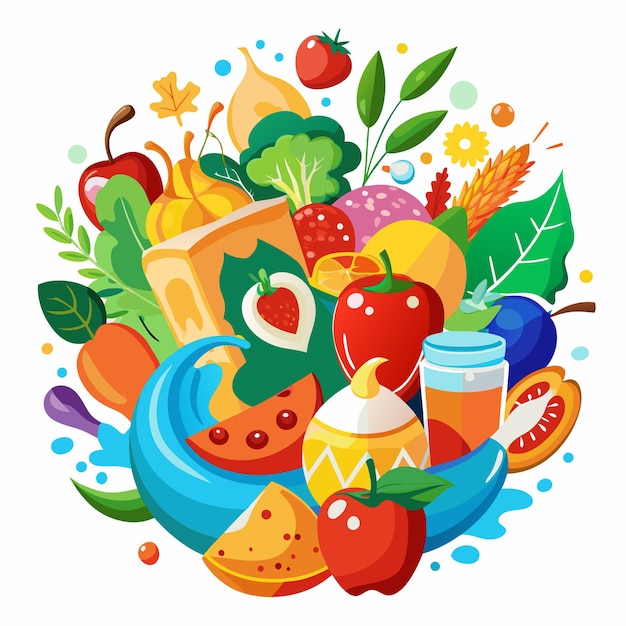 Farbenfrohe Obst- und Gemüseillustration mit blauem Spritz und einem Glas Saft