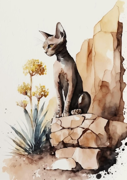 Vektor farbenfrohe und lebendige sphinx-katzenmalerei in aquarell