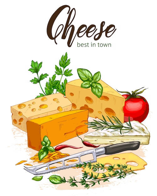 Farbenreiche realistische Skizzenillustration des Käses und der Kräuter mit Basilikum und Tomaten