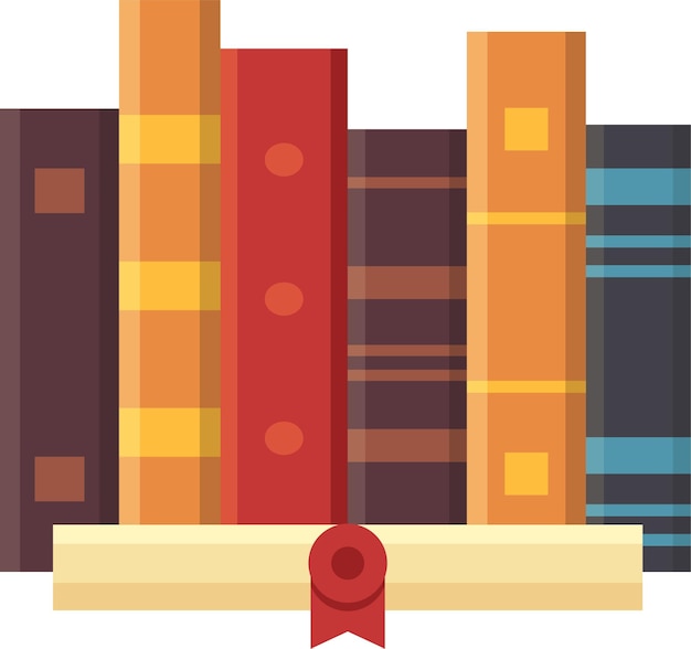Farbige Bücher stehen auf einem Regal mit einem aufgerollten Diplom mit einem roten Band und einem Siegel, die akademischen Erfolg und die Beendigung des Studiums symbolisieren