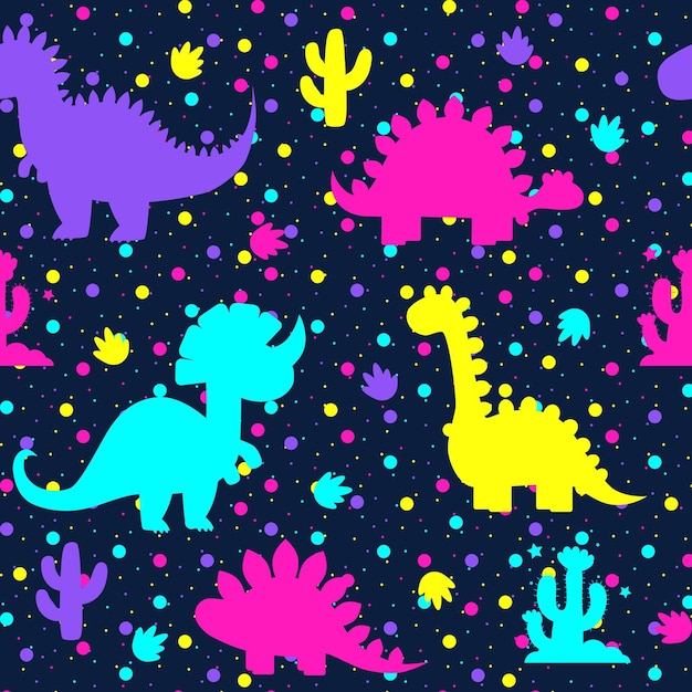 Vektor farbige dinosaurier auf dunklem hintergrund nahtloses muster vektorillustration