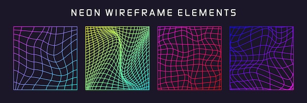 Farbige Drahtrahmenformen, gefügtes Perspektivnetz, D-Gitter, niedrige polygeometrische Elemente, retro-futuristisch