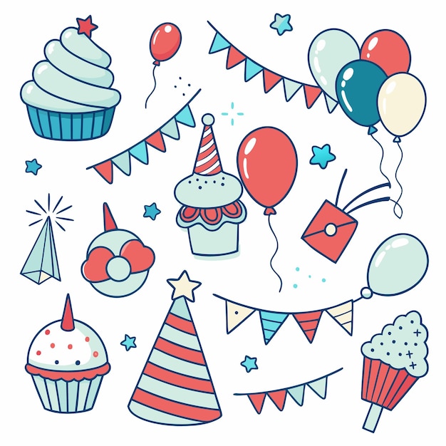 Farbige Elemente der Geburtstagsfeier, darunter Cupcakes, Ballons und Partyhüte