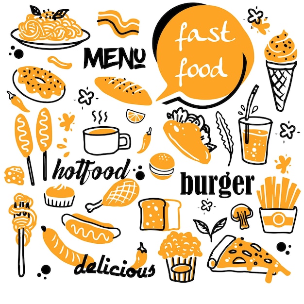 Farbige Fast-Food-Illustration mit Burger, Pommes und Eis mit einem spielerischen Menü-Design