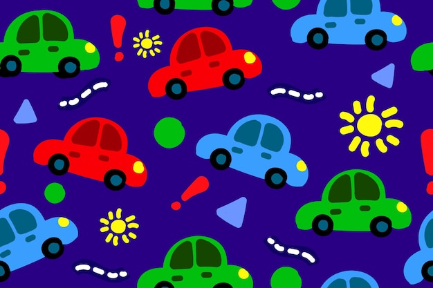 Farbige fiktive Fantasieautos Kinderzeichnung eines Autos ein nahtloses Muster von Automobil- und Verkehrszeichen