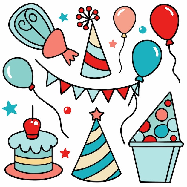 Farbige Geburtstagsfeierelemente mit Kuchenballons und Hüten