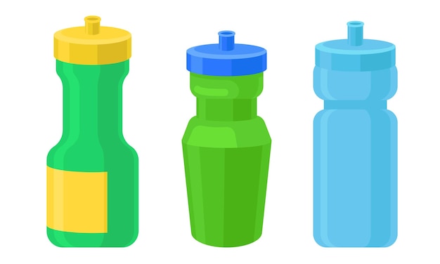 Vektor farbige gläser für gewürze und gewürze grün- und blaufarbige plastikdosen mit leerem etikett flachvektor-illustrationssatz, isoliert auf weißem hintergrund