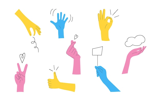Farbige Handgesten setzen Vektorillustration isoliert auf weißem Hintergrund einfaches flaches Design