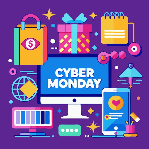Farbige Illustration des Cyber Monday-Shoppings mit einem Computer, einem Handy, einer Geschenk-Shopping-Tasche, Sternen und anderen Ikonen
