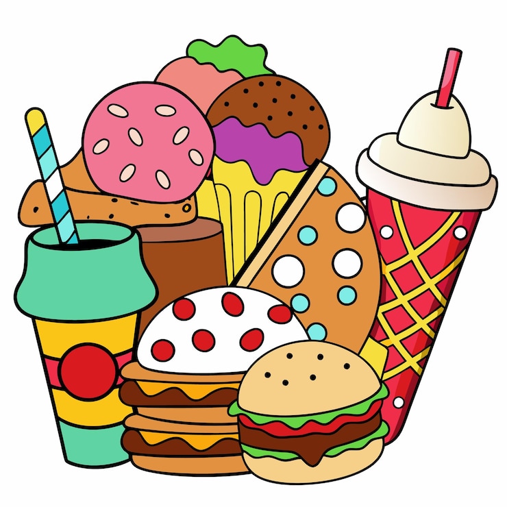 Vektor farbige illustration einer vielzahl von fastfood-artikeln