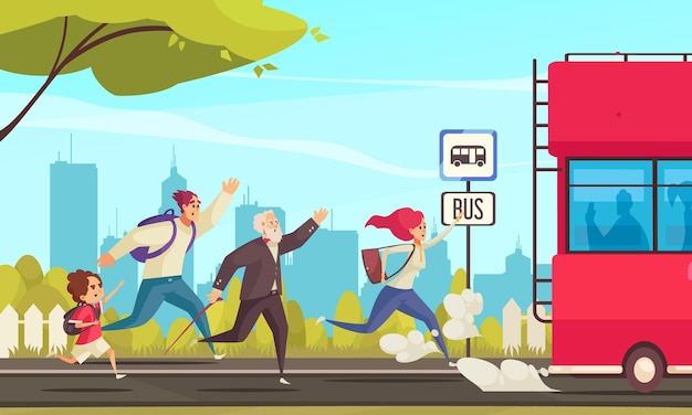 Farbige Illustration von laufenden Leuten, die hinter dem Bus bei der Stadtlandschaftskarikatur zurückbleiben