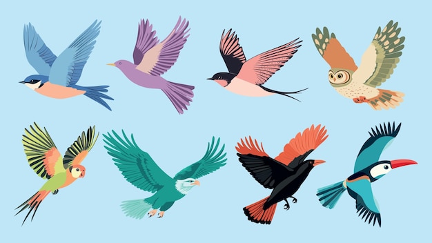 Farbige illustrierte Vögel, die fliegen, isolierter Vektor-Satz