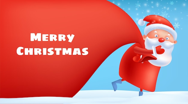 Farbige leuchtend rote Weihnachtskarte Weihnachten mit einer riesigen Tasche, die Geschenke im Schnee liefert