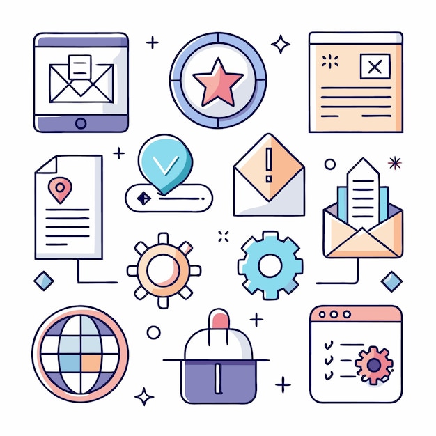 Farbige Line-Art-Ikonen der Online-Marketing-Entwicklung, soziale Medien und Kommunikation