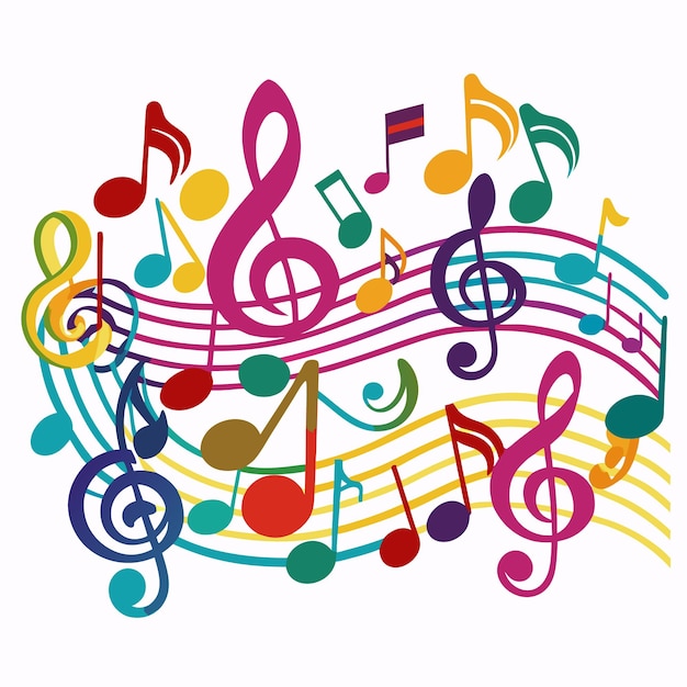 Farbige Musiknoten und Treble-Schlüssel auf weißem Hintergrund