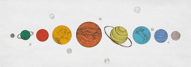 Farbige planeten des sonnensystems in einer horizontalen reihe gegen einen monochromen hintergrund angeordnet himmelskörper im weltraum natürliche kosmische objekte wunderschöne halbfarbige vektorillustration