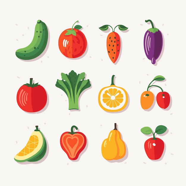 Farbige sammlung verschiedener gemüse und früchte, flaches design, verschiedene cartoon-ikonen für gesunde lebensmittel