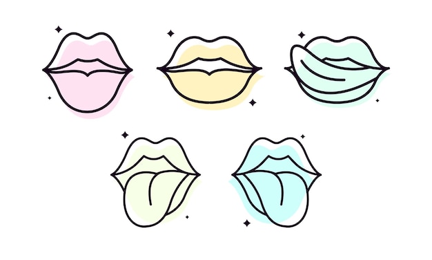 Farbige sammlung voller weiblicher lippen. sammlung von lippen einer frau, die unterschiedliche emotionen ausdrücken. vektor