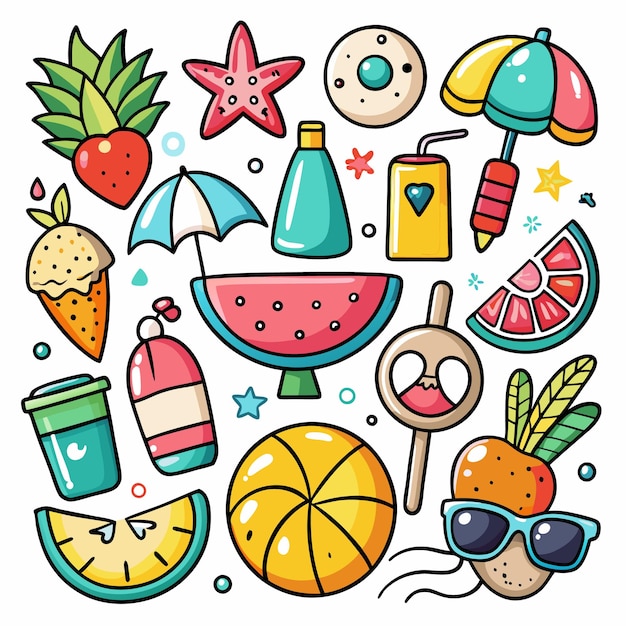 Farbige Sommerillustration mit Wassermelonen-Sonnengläsern und anderen Sommer-Ikonen
