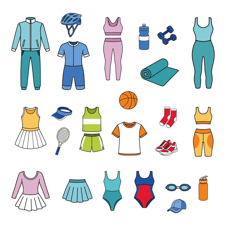 Vektor farbige sportbekleidung und fitnessaccessoires für frauen im flachen cartoon-stil