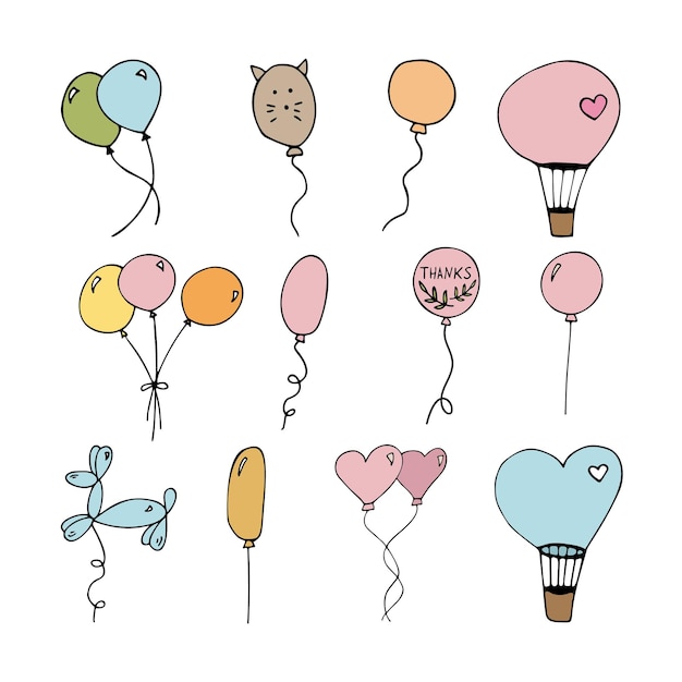 Farbige süße doodle-vektor-luftballon-set. handgezeichnete cliparts