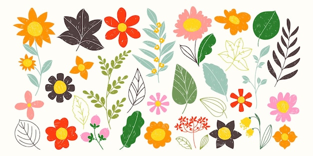 Farbige Vintage Blumen Sammlung von Frühlingspflanzen Kräuter Blätter und Zweige schöne Wiese von
