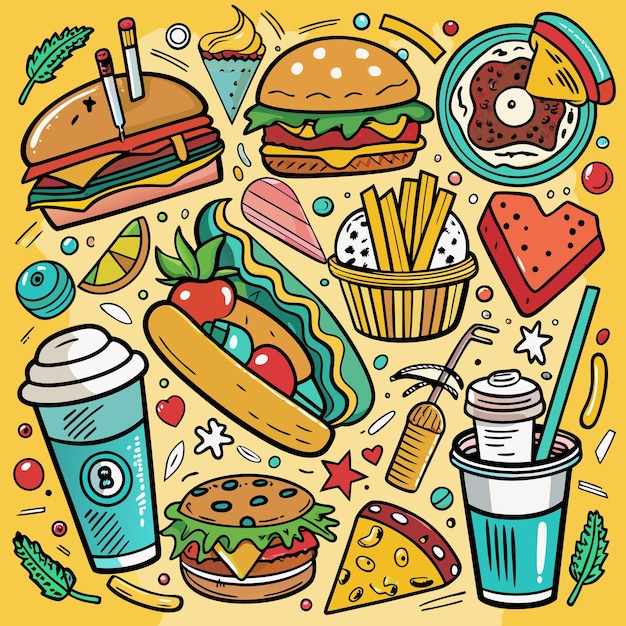 Farbige Zeichentrickfilme mit Fast-Food-Getränken und Snacks