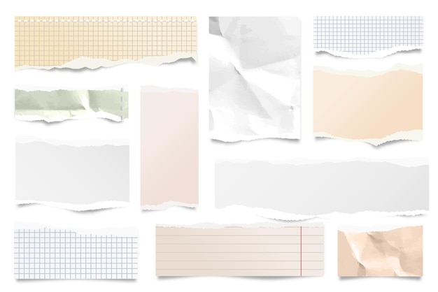 Vektor farbige zerrissene papierstreifen, die auf weißem hintergrund isoliert sind, realistisch ausgekleidete papierstücke mit zerrissenen