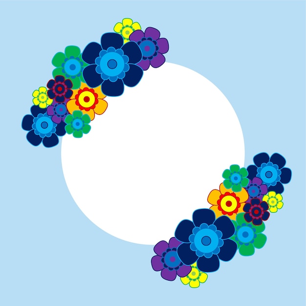 Farbiger einfacher Blumenstrauß auf blauem Hintergrund Rahmen mit Dekoration