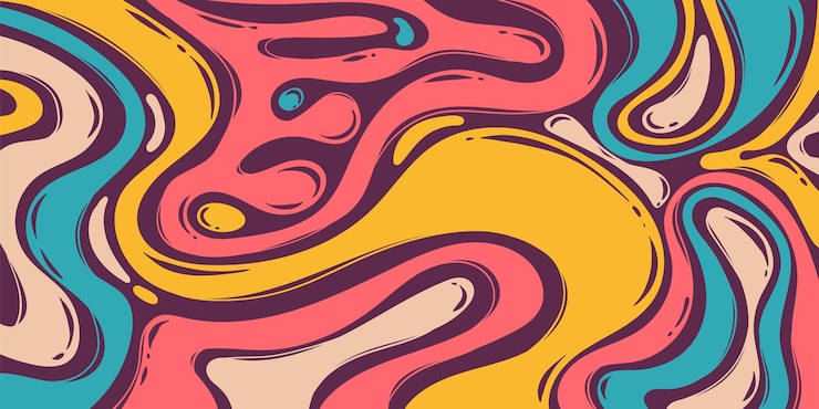 Vektor farbiger, groovy abstrakter hintergrund mit mehrfarbigen psychedelischen, retro-fettgewandten linienwirbeln, perfekt für