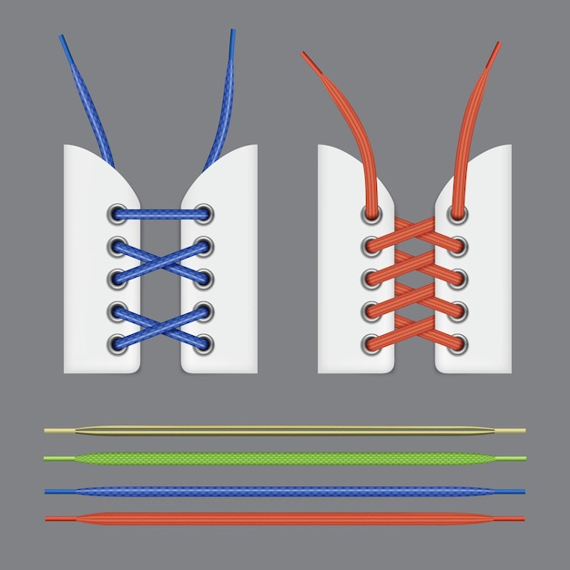 Farbiger schnürsenkel. realistisches textilschnürseil für turnschuhe. anständige, vektorgestaltete vorlagensammlung isoliert. illustration von schnürsenkelschuhen für sportschuhe als accessoire