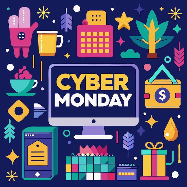 Farbiges Cyber Monday Verkaufsbanner mit Computergeschenk und Einkaufswagen