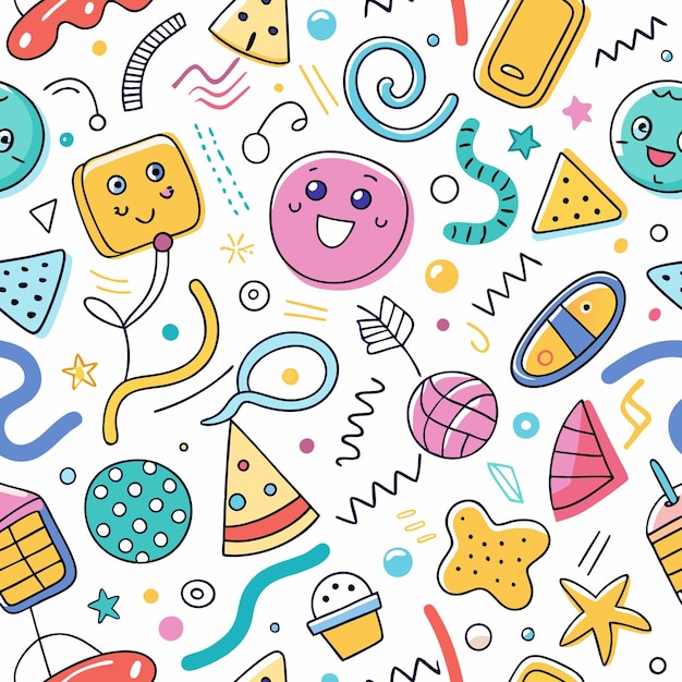 Farbiges Doodle-Muster mit niedlichen Gesichtern, Sternen und geometrischen Formen