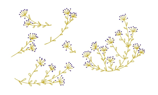 Farbiges Linienkunst-Blumenset Doodle Fantasy-Beeren mit kleinen Blättern