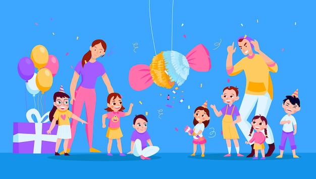 Farbiges mexikanisches pinatas-kompositionsmädchen brach eine pinata bei einer kinderparty-vektorillustration