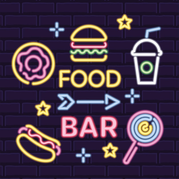 Farbiges neonplakat fast-food-bar-schild vektorillustration